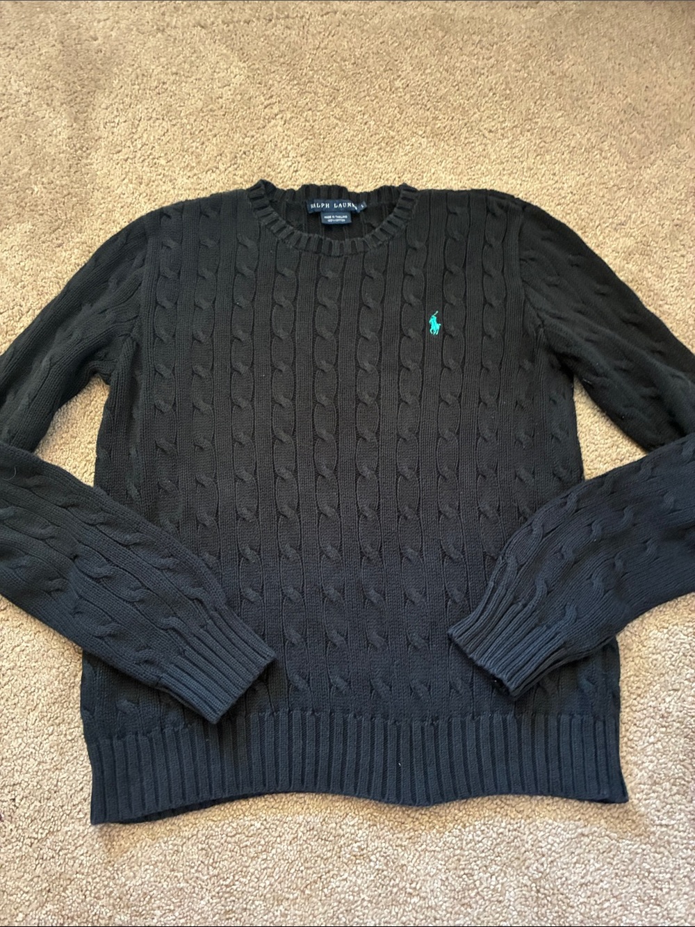 Polo Ralph Lauren Black Cable Knit Cotton Crewneck Sweater Teal Pony size L